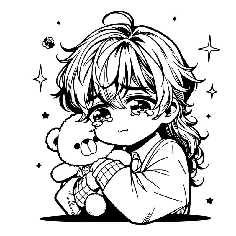 manga girl crying and hugging her teddy bear