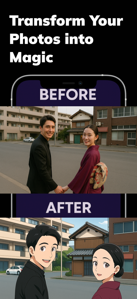 AI Japanese Anime Generator - Before and after comparison showing a photo transformed into anime style