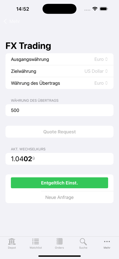 Tela de negociação de câmbio do aplicativo HTX Mobile mostrando conversão de moeda de Euro para Dólar Americano.