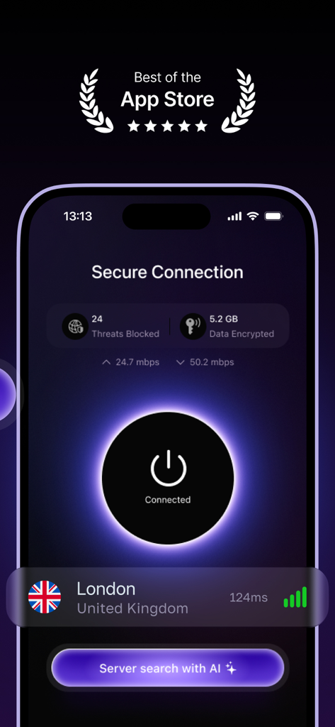 AI Security: ThreatBlocker VPN - AI Security VPN mobile interface showing a secure connection to London with blocked threats and encrypted data stats