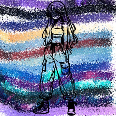 girl in baggy pants crop top and long hair