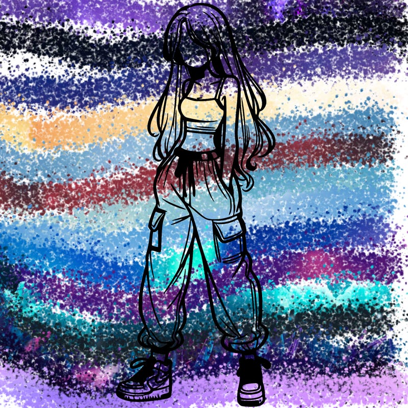 girl in baggy pants crop top and long hair