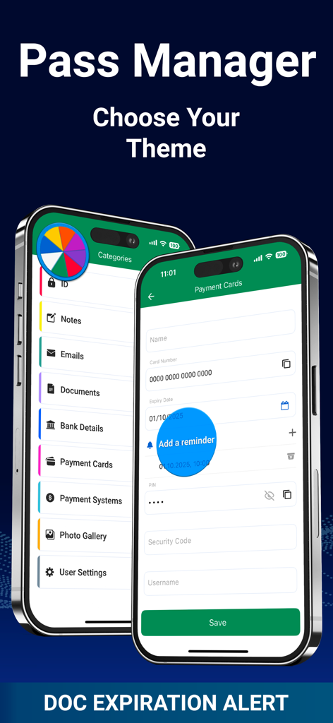HUB: Calendar, Budget, Notes - HUB app interface showing the password manager with categories like bank details and payment cards along with document expiration alerts.
