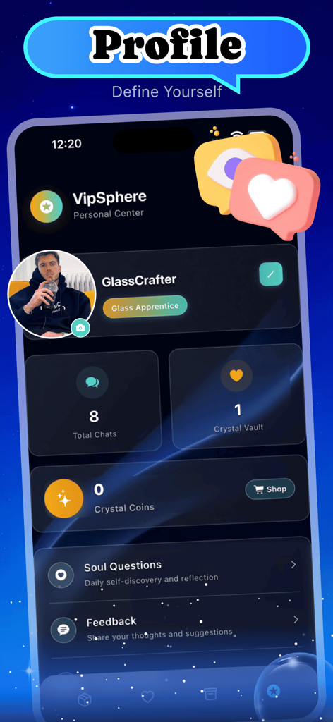 Gzzx - A user profile screen in the Gzzx app showing the GlassCrafter account with rank Glass Apprentice and crafting statistics.