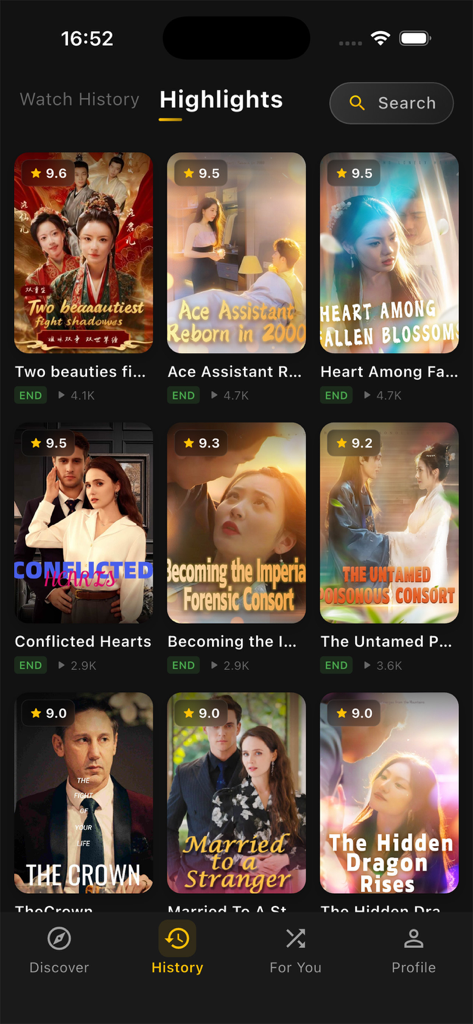 RaptDrama - Schermata dei momenti salienti dei video in formato breve dell'app RaptDrama che mostra una varietà di poster e valutazioni di serie drammatiche verticali in formato breve.