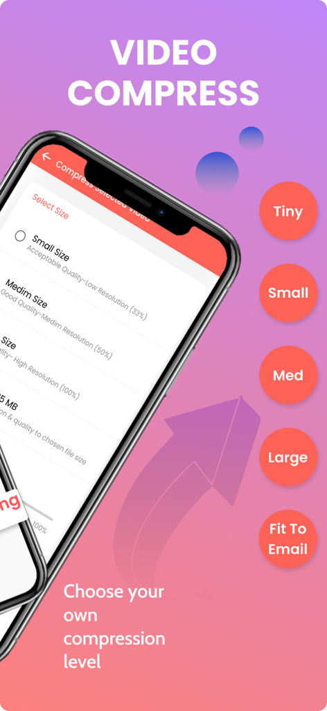 The Video Compressor : Zippy - A mobile app interface for Zippy showing video compression size options including Tiny Small Medium Large and Fit to Email