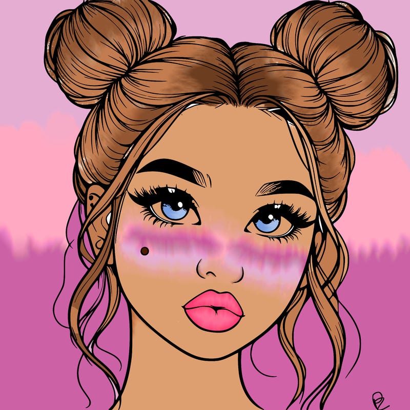 realistic girl with two buns on her hair and lips