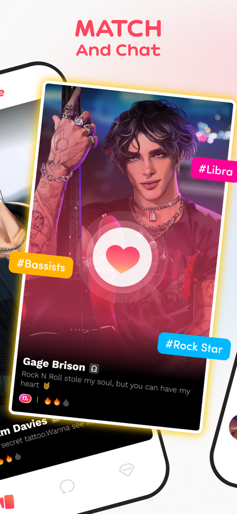 My Escape: My Secret Crush - Un profilo abbinato e di chat di un personaggio rockstar di nome Gage Brison nell'interfaccia dell'app My Escape.