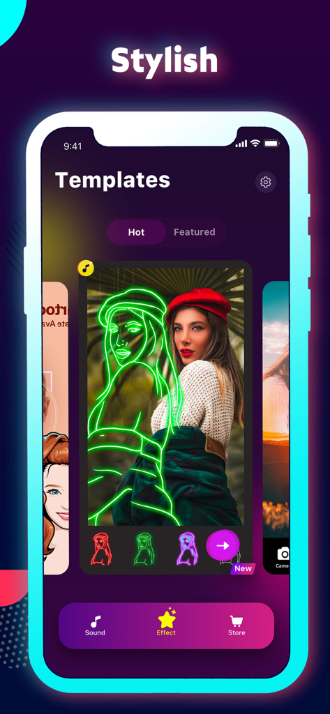 TikFamous - Vid & Music Effect - TikFamous app interface showing stylish video editing templates and neon outline effects for creators.