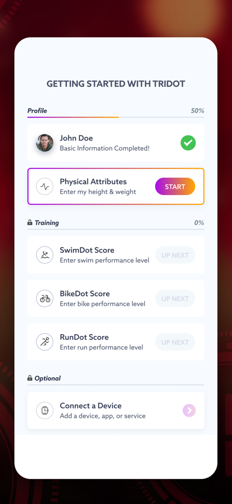 TriDot Triathlon Training - TriDot app onboarding screen showing profile completion progress and training score setup for swim bike and run