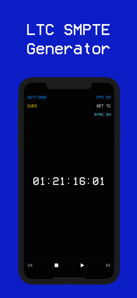 Timecode Gen - Timecode Gen app interface showing a digital SMPTE LTC timecode display with playback and sync controls