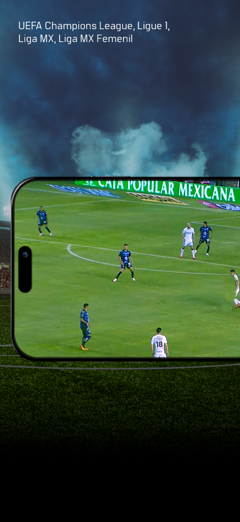 Smartphone screen displaying a live soccer match on the Caliente TV app with text mentioning Champions League and Liga MX