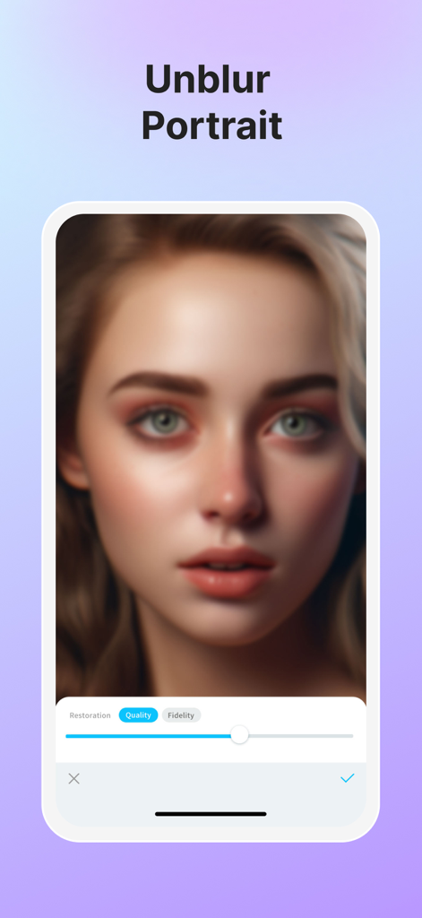 Vivid - AI Photo Enhancer - Interfaz de la aplicación Vivid AI Photo Enhancer mostrando la herramienta de desenfoque de retrato aplicada al retrato del rostro de una mujer