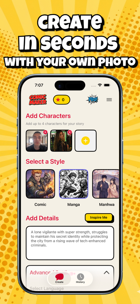 Mobile app interface of Comic Maker showing character creation from photos and selection of art styles like Manga and Manhwa.