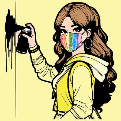 realistic girl with mask spray painting a wall