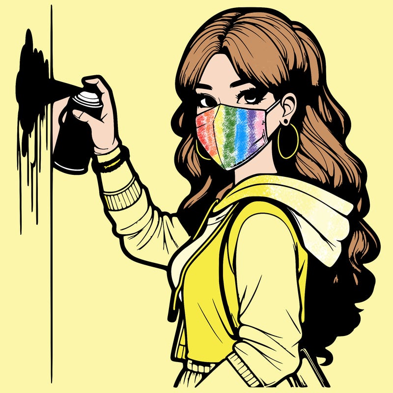 realistic girl with mask spray painting a wall