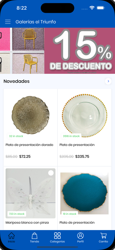 Galerías el Triunfo - Pantalla principal de la aplicación móvil Galerías el Triunfo que muestra platos decorativos y un banner de descuento del 15 por ciento