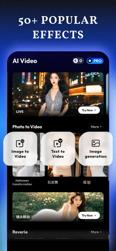 Interface of the Reverie AI Video Generator app showcasing popular effects and photo-to-video features.
