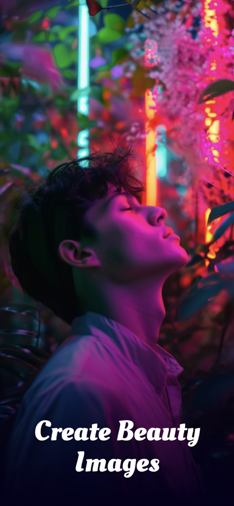 Art Creator・AI Image Generator - Retrato artístico generado por IA de un hombre con iluminación de neón rosa y azul