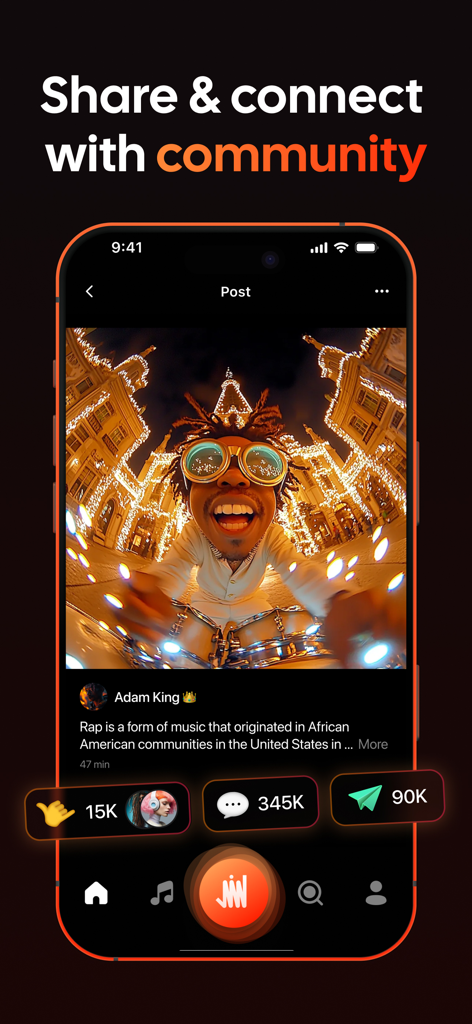 JGGL: AI Generated Images - A mobile screenshot of the JGGL app showing an AI generated image post with social media engagement metrics like shares and comments