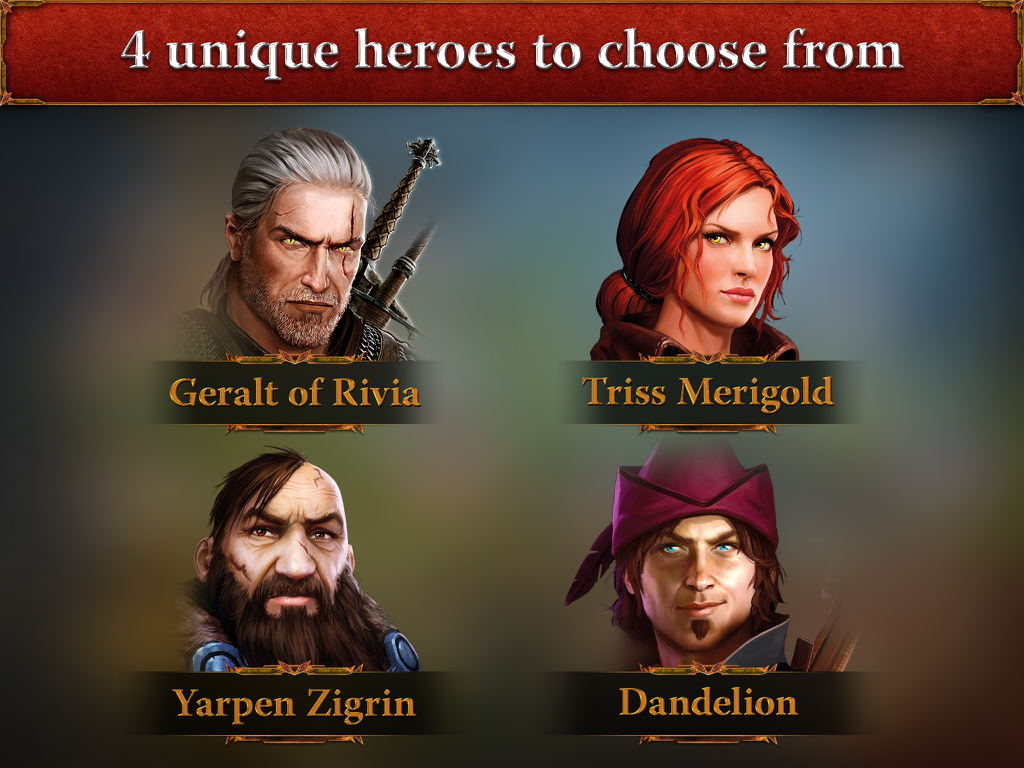 The Witcher Adventure Game - ゲラルト・オブ・リヴィア、トリス・メリゴルド、ヤルペン・ジグリン、ダンディライオンが4人のユニークなヒーローとしてフィーチャーされたキャラクター選択画面。