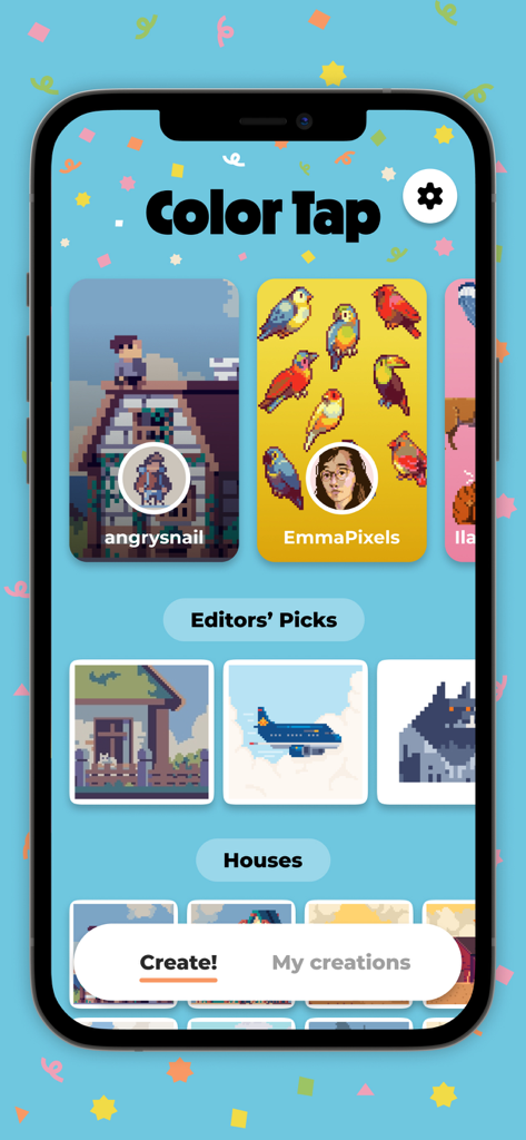 Startbildschirm der Color Tap Mal-App mit Pixel-Art-Kategorien wie „Redaktionelle Highlights“ und „Häuser“