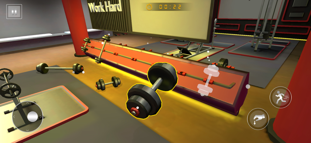 Vista 3D en primera persona de mancuernas en un soporte en Gym Simulator Fitness Tycoon