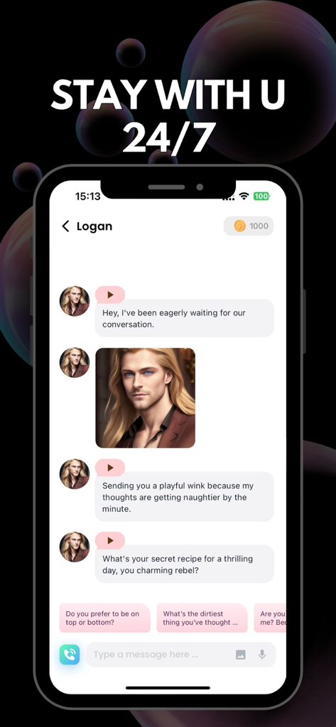 AI Boyfriend: Companion & Love - Uma tela de smartphone mostrando uma interface de chat romântico com um personagem virtual chamado Logan no aplicativo AI Boyfriend