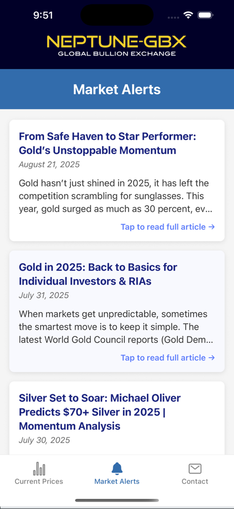 Neptune GBX - The market alerts screen of the Neptune GBX app showing headlines about gold and silver price trends and investment insights