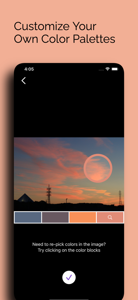 iColors - Color palette muse - Ein Screenshot der iColors-App, der zeigt, wie Farbpaletten durch Auswahl von Farben aus einem Sonnenuntergangsfoto angepasst werden können.