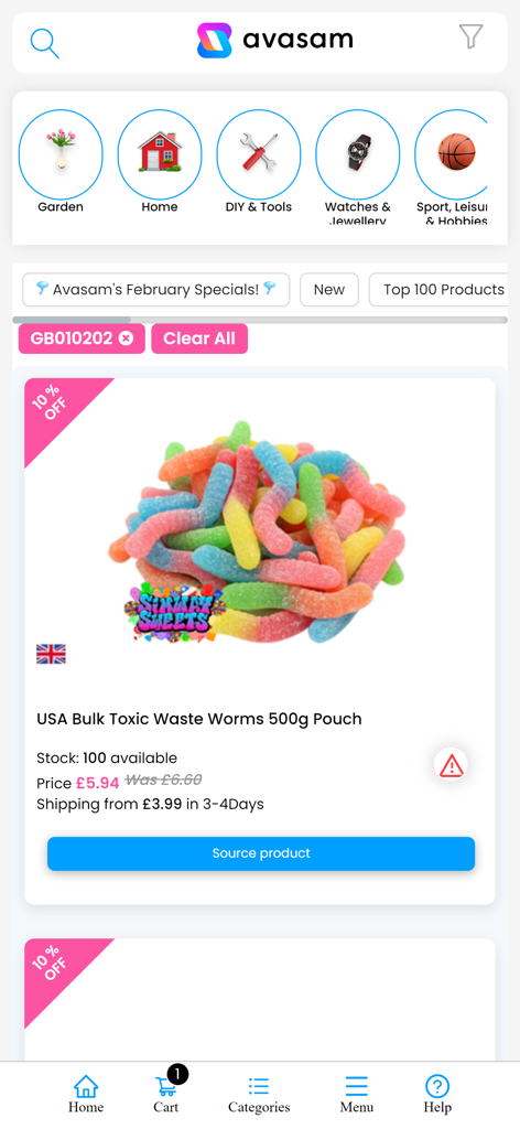 Avasam App-Oberfläche mit Details zu Bulk-Süßigkeiten-Produkten und Kategorien für E-Commerce-Unternehmer