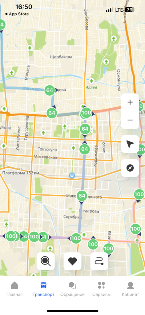 Interactive map showing real-time public transportation routes and bus locations in Bishkek.