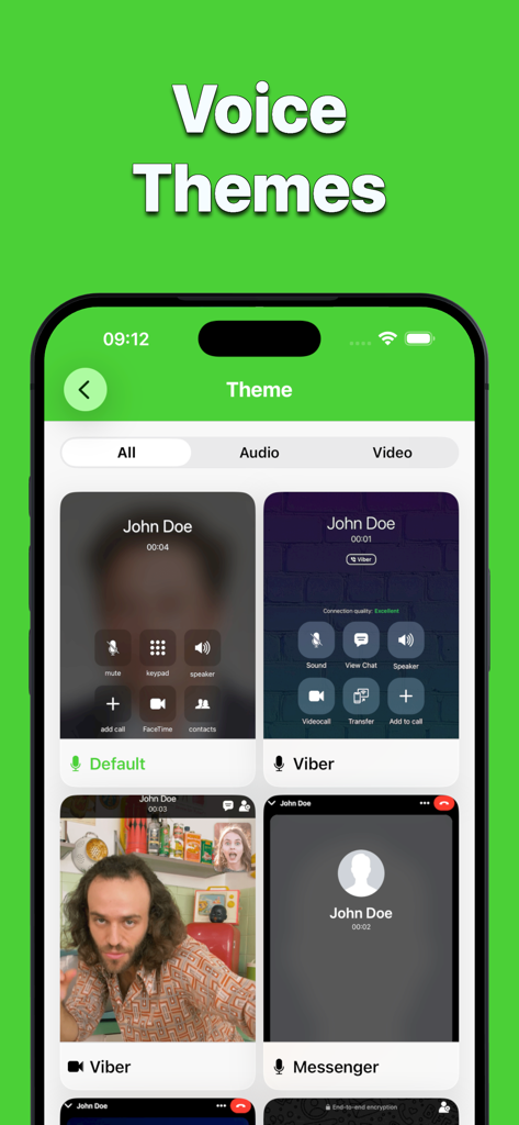 Interface of Faker 3 app showing different realistic voice call themes like Viber and Messenger