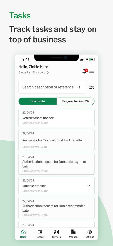 Nedbank Business Hub - Task management screen in the Nedbank Business Hub app showing pending business authorizations