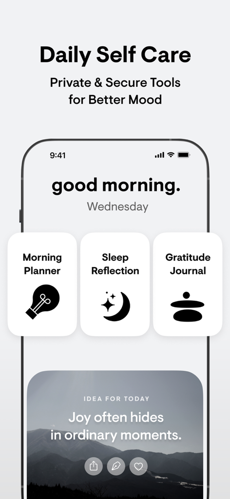 Capture d'écran de l'application stoic. montrant un tableau de bord de soins personnels quotidiens avec des outils de routine matinale comme un planificateur matinal, une réflexion sur le sommeil et un journal de gratitude
