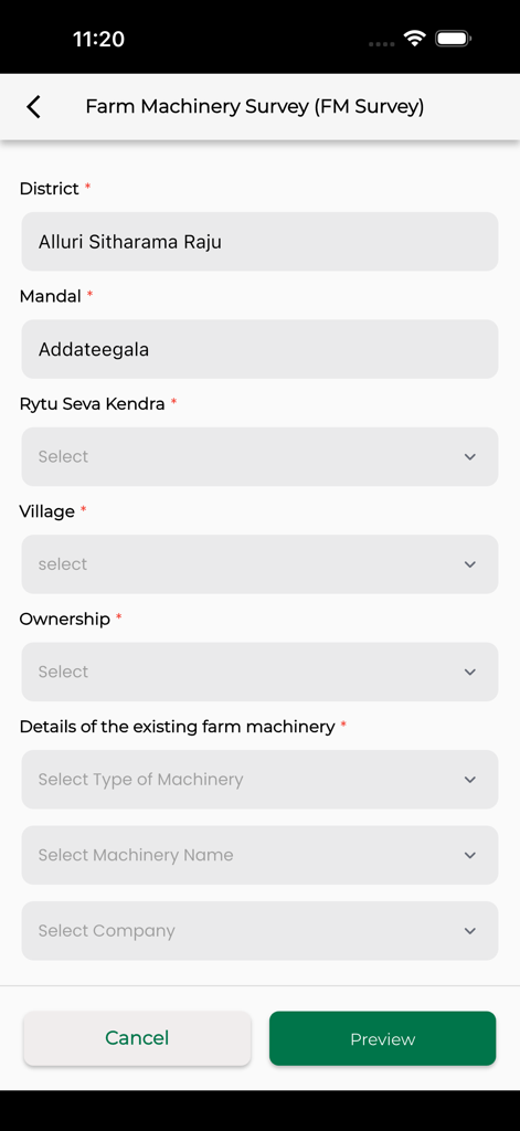 AP AGRI - Screen showing the Farm Machinery Survey form in the AP AGRI mobile app