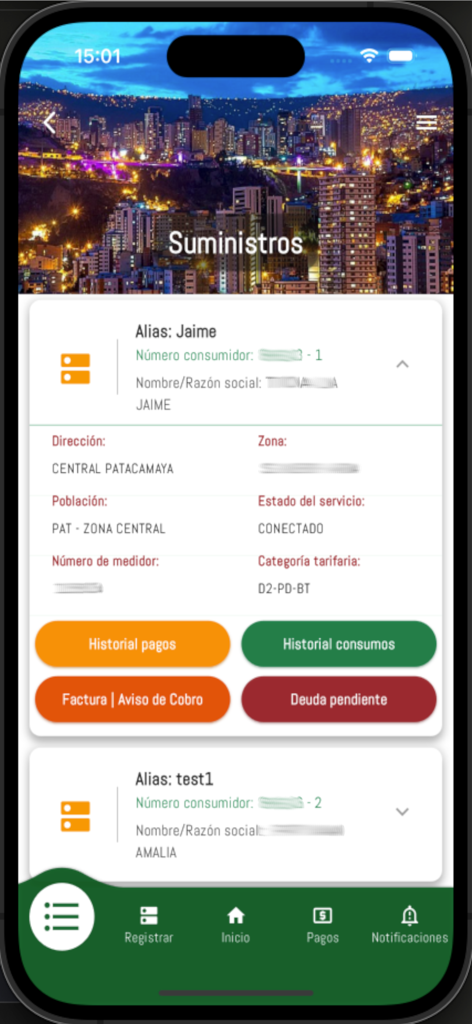 DELAPAZ APPLUZ - Pantalla móvil de DELAPAZ APPLUZ mostrando información del suministro eléctrico y botones del historial de facturación