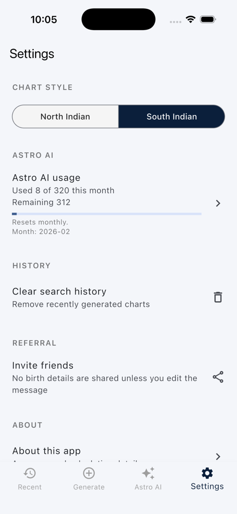Vedic Chart: Horoscope, Kundli - Settings screen of the Vedic Chart app showing North and South Indian chart style selection and Astro AI usage tracking