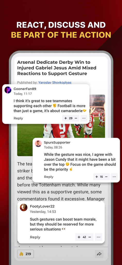AFC Live – for Arsenal fans - Interface of the AFC Live app showing Arsenal fans discussing news and sharing opinions in a comment section