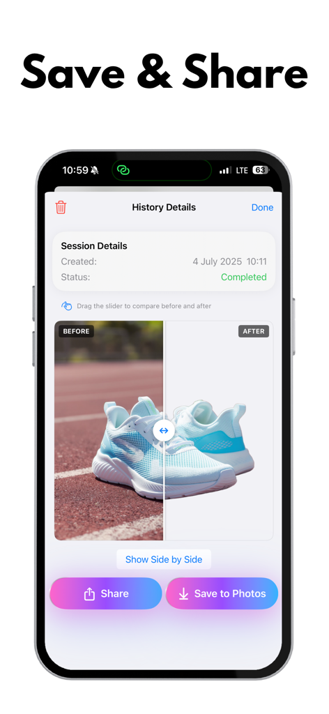Background Eraser - Remover AI - Un smartphone mostrando una comparación de antes y después de zapatillas con el fondo eliminado y botones para guardar o compartir.
