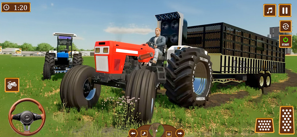 A red tractor pulling a large cargo trailer in a 3D farming simulation game