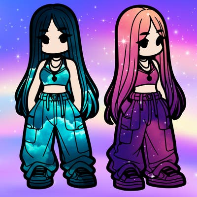 girl in baggy pants crop top and long hair