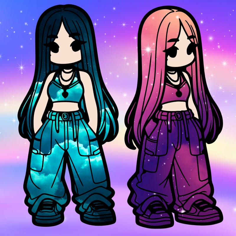 girl in baggy pants crop top and long hair