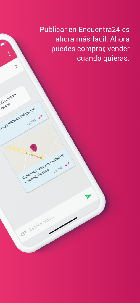 Encuentra24.com - Encuentra24 앱 채팅 인터페이스, 스마트폰 화면에 공유된 지도 위치 표시.