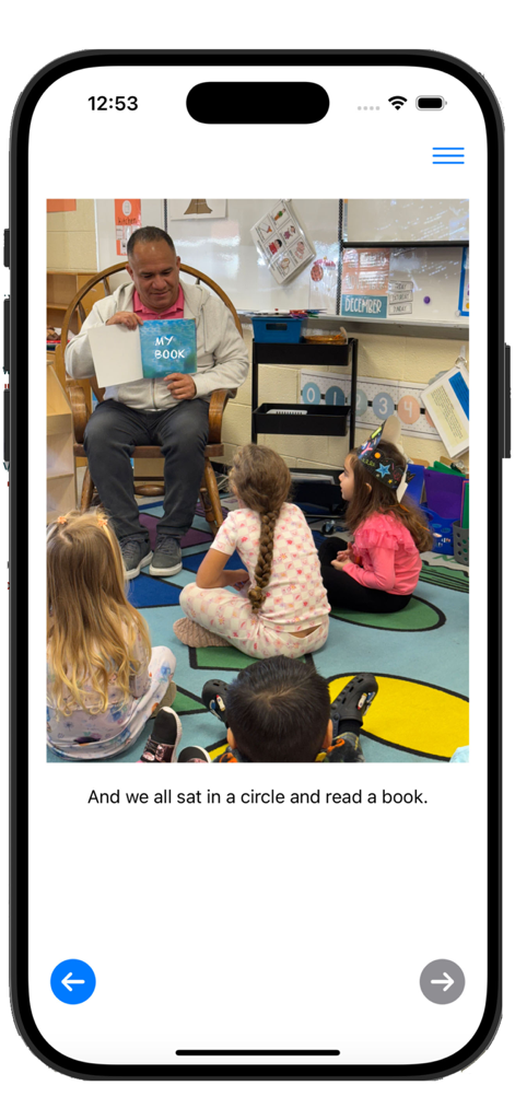 My Book Pro - A digital book page in the My Book Pro app showing a teacher reading to children in a classroom with a descriptive caption