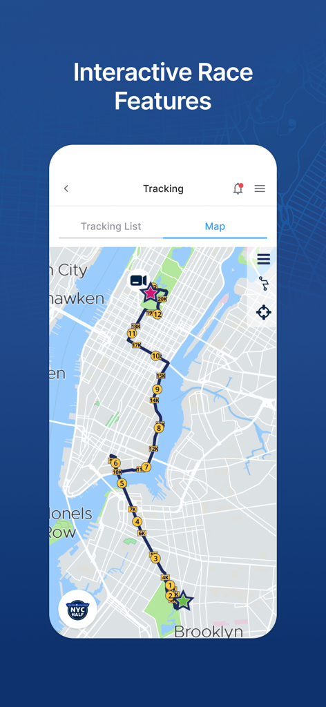 New York Road Runners - Interactive race map in the New York Road Runners app showing a running route through NYC with live tracking markers.