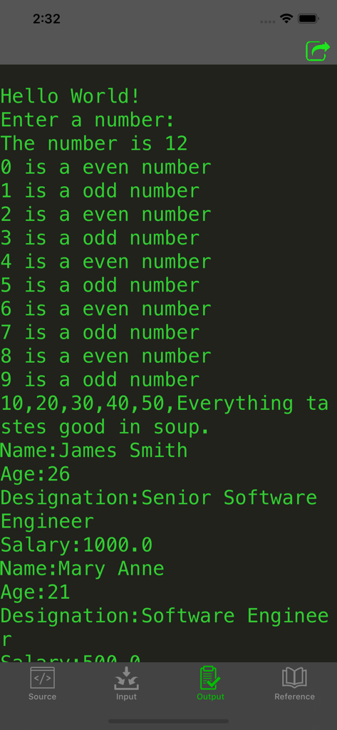 Jedona - Compiler for Java - Output console of the Jedona Java compiler showing results of a compiled program