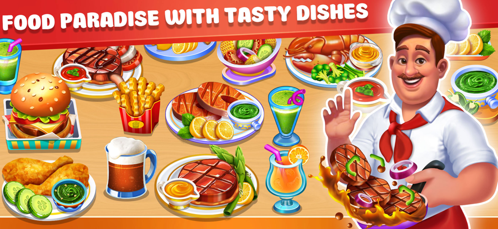 Cooking 2024 - Chef Food Games - A cartoon chef presenting a variety of tasty dishes including burgers steak and salmon