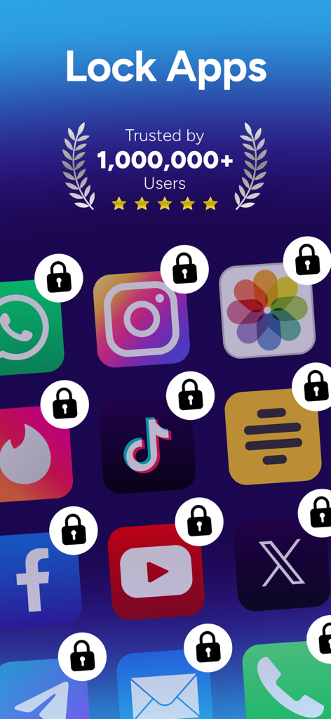 App Lock - Lock Apps & Photos - LockIDアプリのインターフェース。ロックされた様々なソーシャルメディアおよびユーティリティアプリが表示されています。