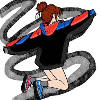 realistic girl jumping with a bun and oversized sweatshirt